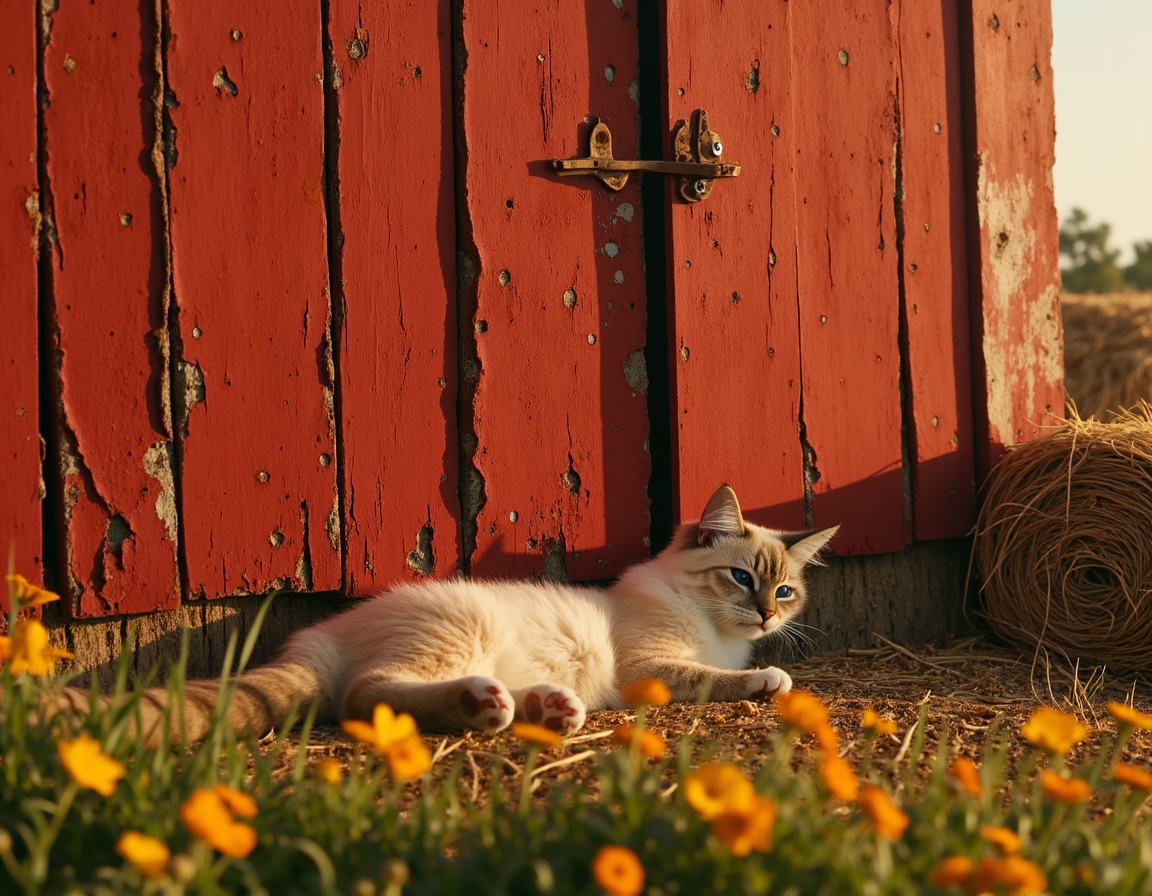 Cat rests peacefully near a barn, enjoying the tranquility of the countryside.